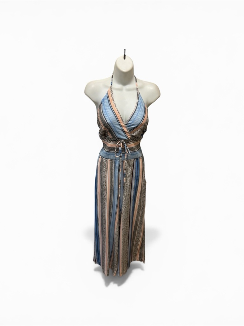 Venus Boho Striped Cropped Jumpsuit L/14 Halter Style Smocked Tassels Wide Leg